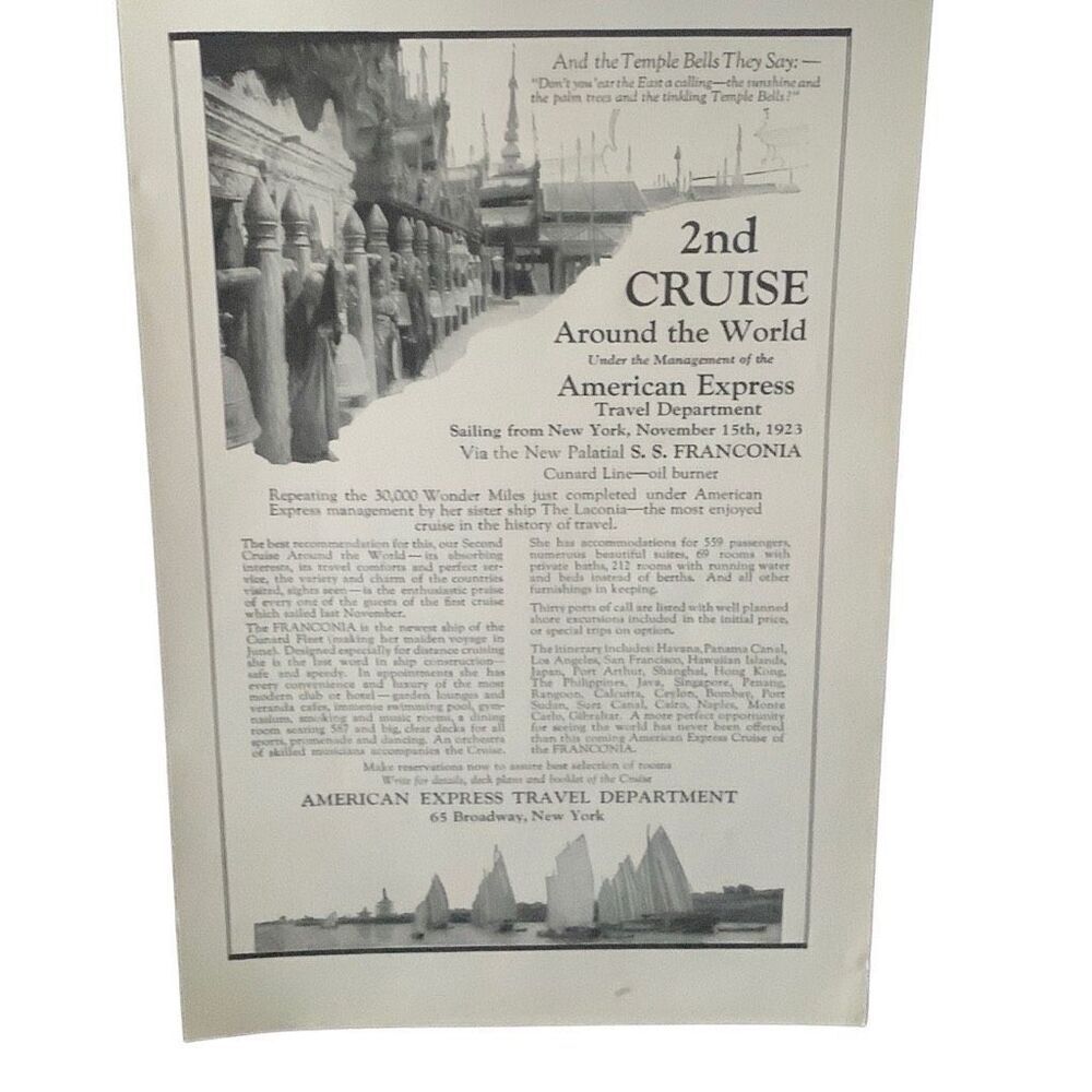 Vintage 1923 American Express Travel 2nd World Cruise Ad Advertisment